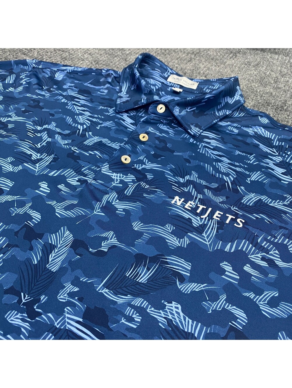 Peter Millar Summer Comfort Polo Shirt Men L Blue Camo Palm Leaves AOP Geometric